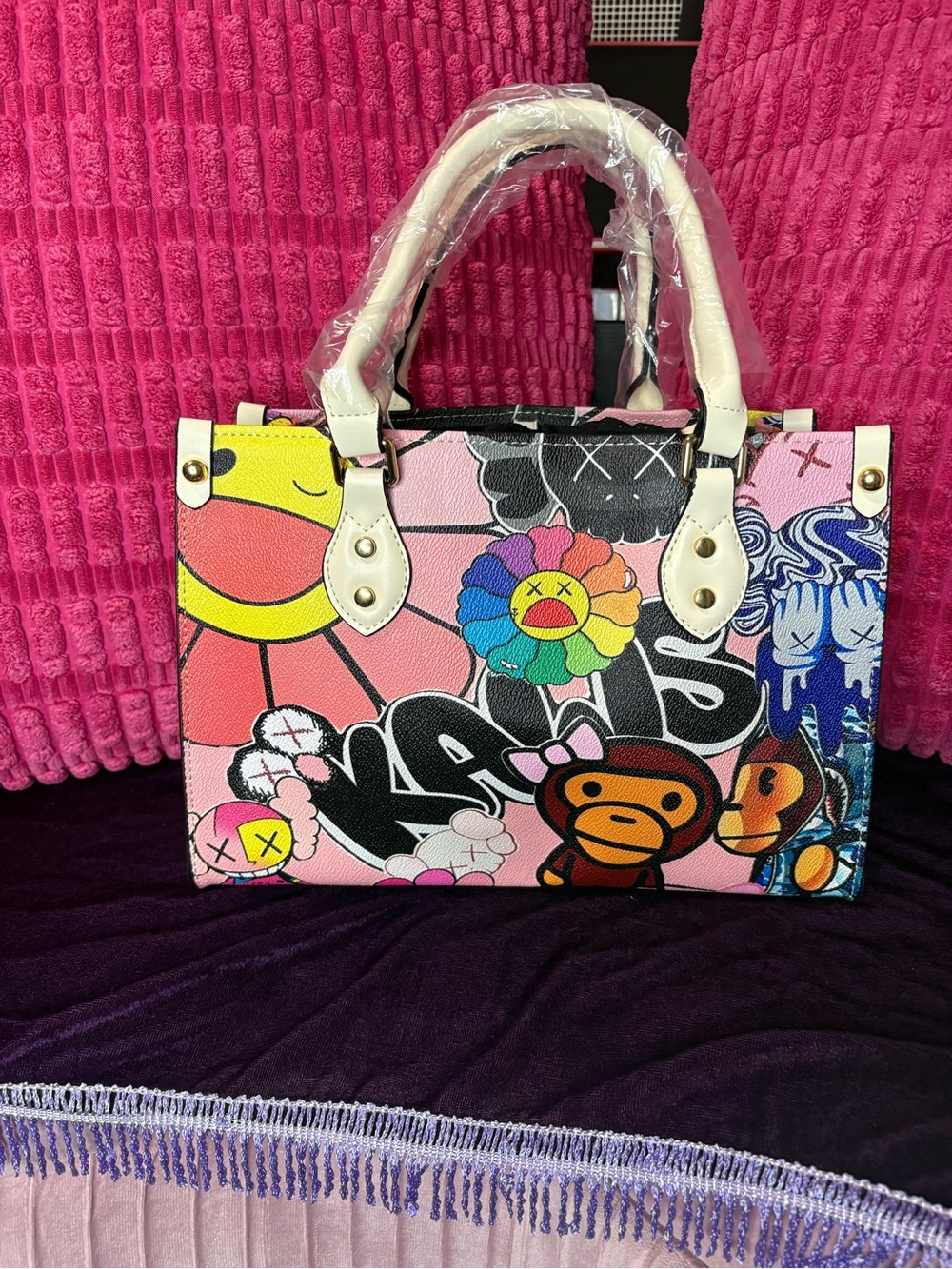 Colorful Graphic Tote Bag with White Handles